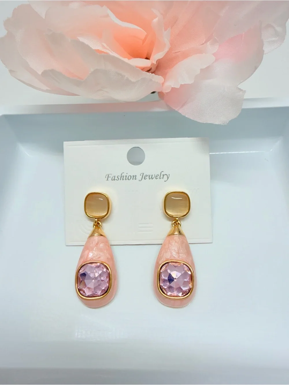 Pink Teardrop Earrings with Faceted Lilac Stones Lead and nickol free